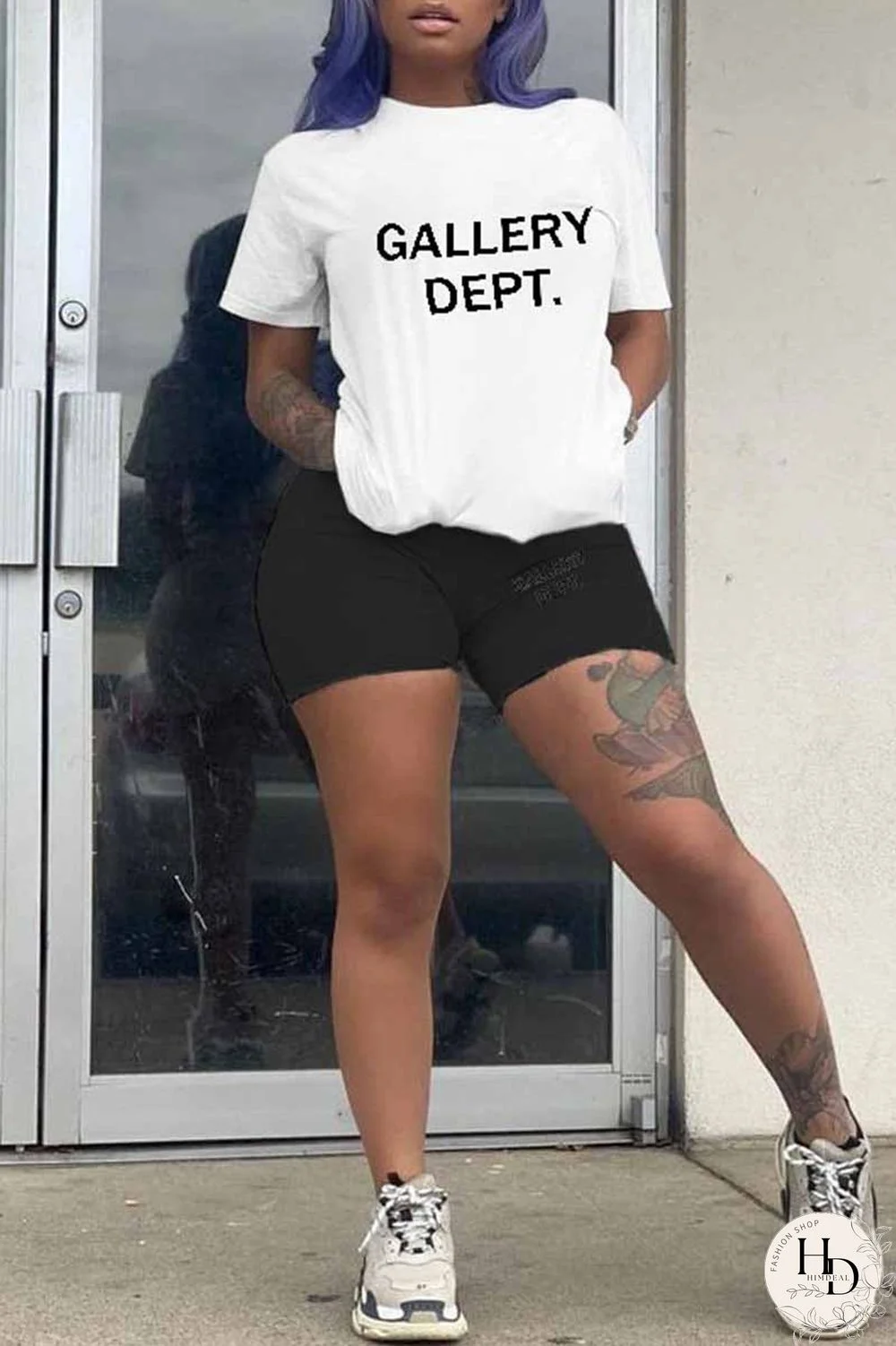 Black Casual Print Letter O Neck Short Sleeve Two Pieces