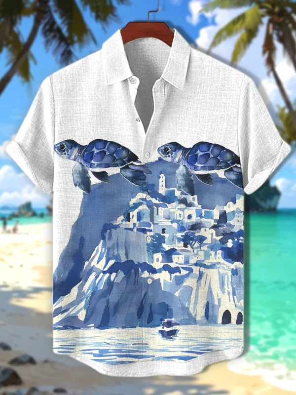 Men's Flying Turtle Watercolor Painting Print Short Sleeve Shirt