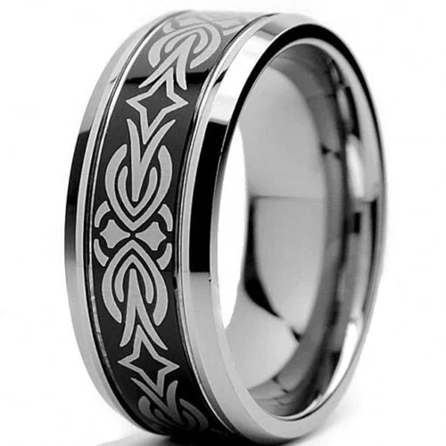 Women's Or Men's Silver and Black Tungsten Carbide Wedding Band Rings,Laser Etched Tribal Floral Design Wedding Ring With Mens And Womens For Width 4MM 6MM 8MM 10MM