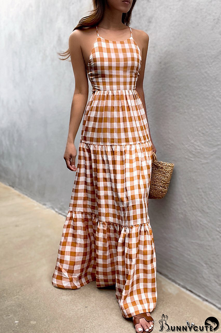 Casual Vacation Plaid Frenulum Backless Halter Dresses
