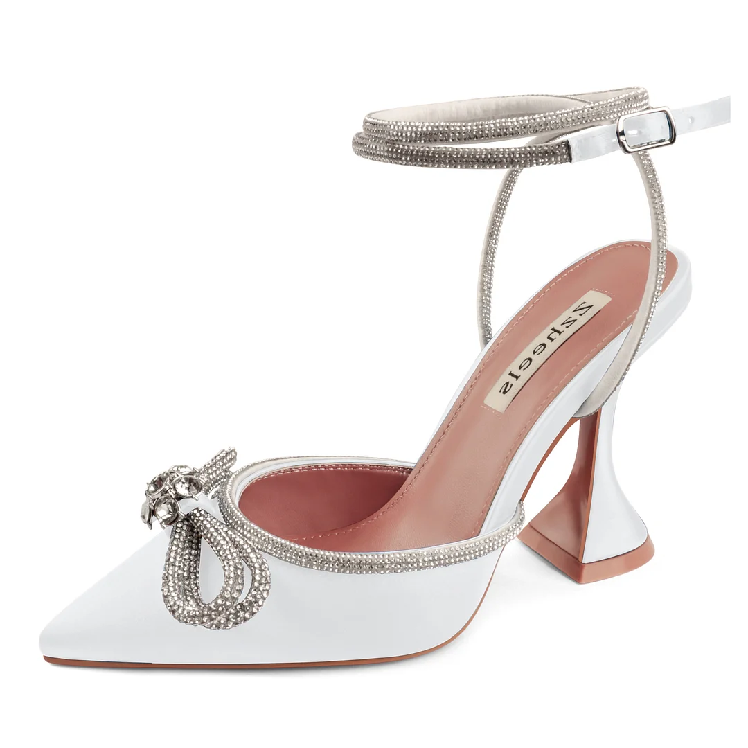 9.5cm/3.74 Women's Double Bow Pointed Toe Ankle Strap Crystal Pumps Wedding Bridal Party Stilettos Backless Satin Heeled Sandals