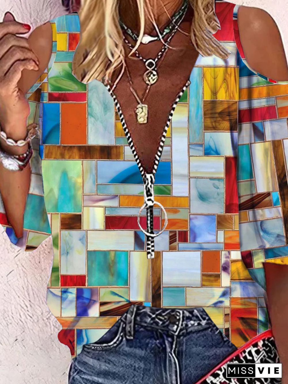 Women Casual Abstract Autumn Polyester V neck Daily Hot List Three Quarter Regular Tops