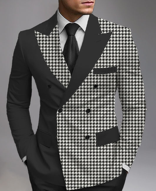 Business Peaked Lapel Double Breasted Houndstooth Print Splicing Blazer