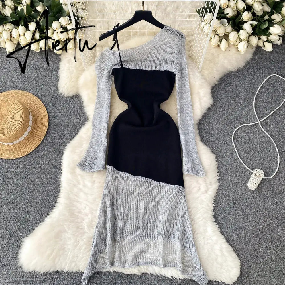Aiertu  Autumn Women Knitted Midi Dress Splice Irregular Diagonal Collar Lace Up Design New Fashion Elegant High Quality Dress Aiertu
