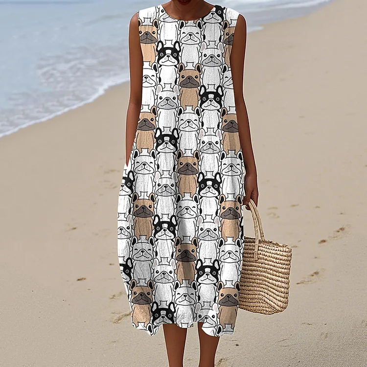 Retro Cute French Bulldog Art Linen Tank Midi Dress