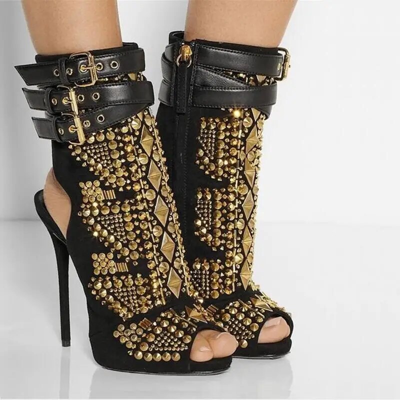 Gladiator Sandals Boots Thin High Heels Women Shoes Open Toe Buckle Punk Rivet Stud Ankle Boots