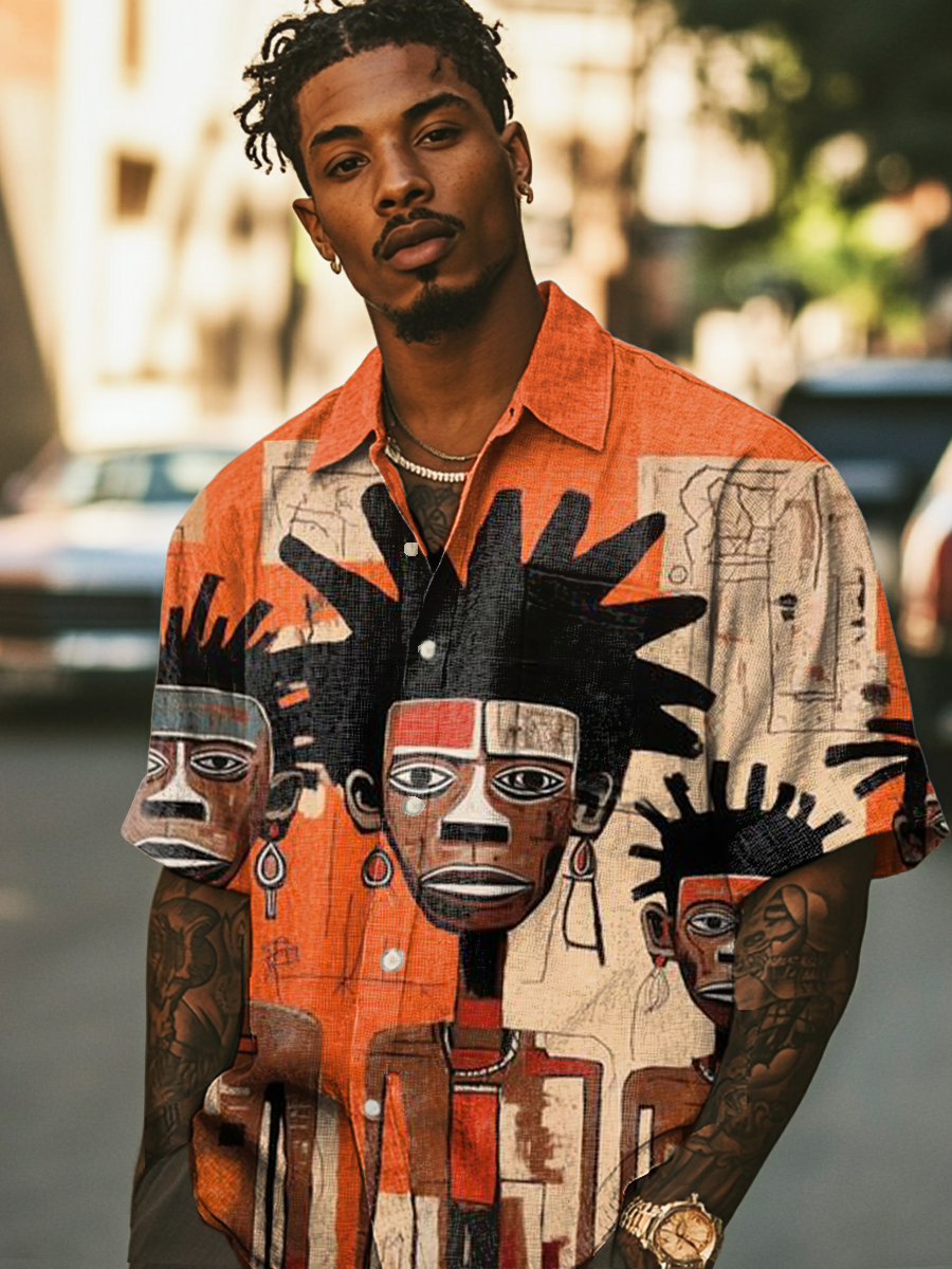 Vintage African Tribal Characters Graffiti Art Print Casual 100% Cotton Shirt