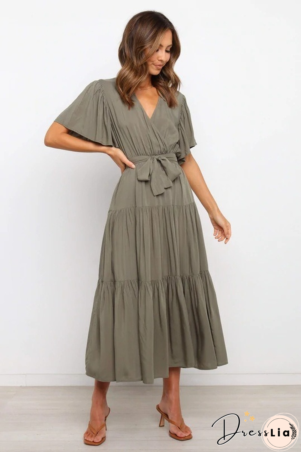 Boho Beach Vacation Summer Women Dresses New Solid V-Neck Short Ruffle Sleeve Lace-up Swing High Waist A-line Long Dress