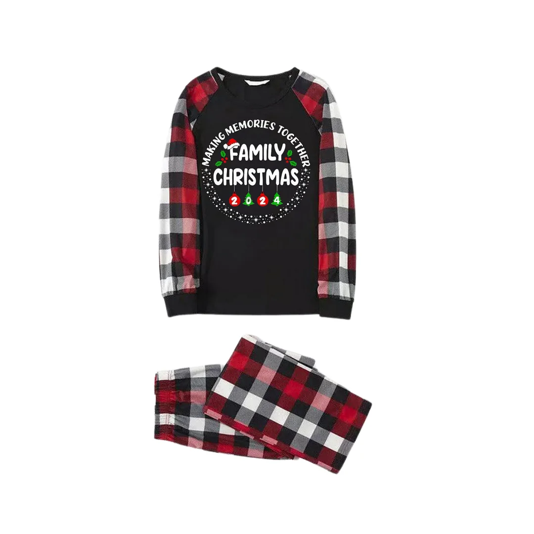 "MAKING MEMORIES TOGETHER FAMILY CHRISTMAS 2024" Text Pattern - Black Top with Red&Black&White Plaid Sleeves - Family Matching Pajamas