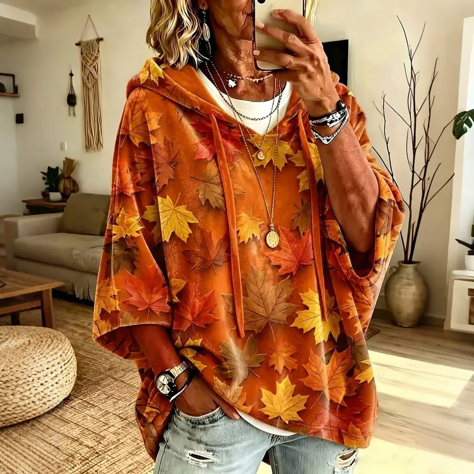Comstylish Women's Autumn Maple Leaf Print Half-sleeve Hoodie