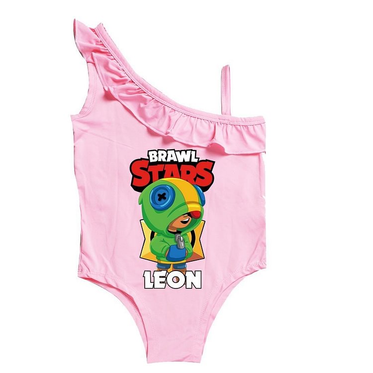 Mayoulove Brawl Stars Leon Print Little Girls One Piece Ruffle Shoulder Swimsuit-Mayoulove