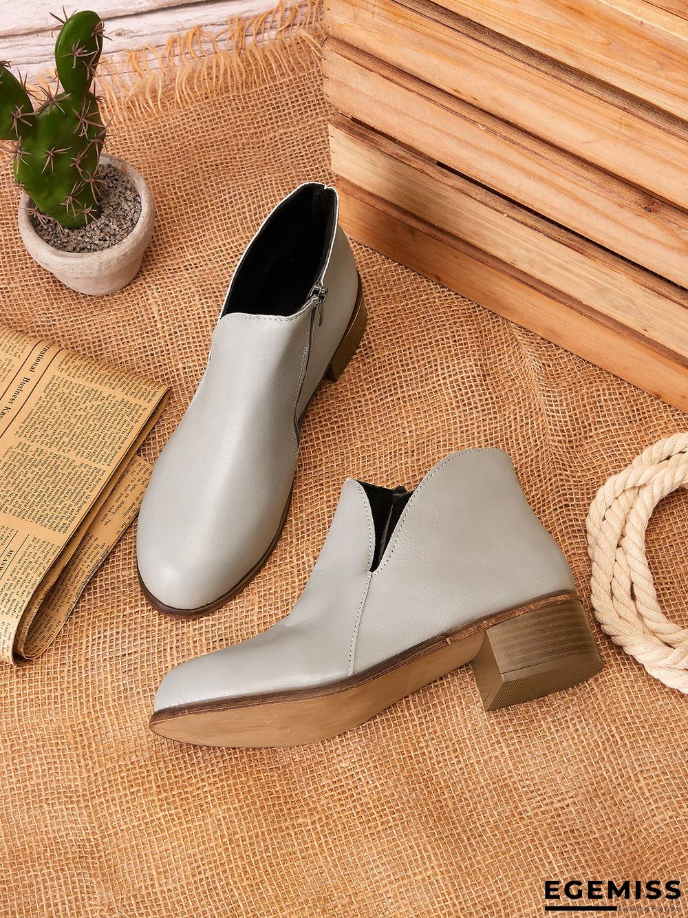 Retro Distressed Polished Color Zipper Thick Heel Pointed Ankle Boots | EGEMISS