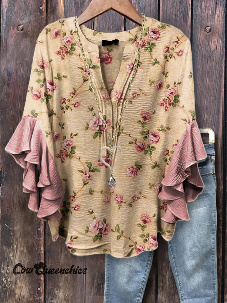 Women&rsquo;s Vintage Floral Art Print Casual Cotton And Linen Shirt Multicolor / S