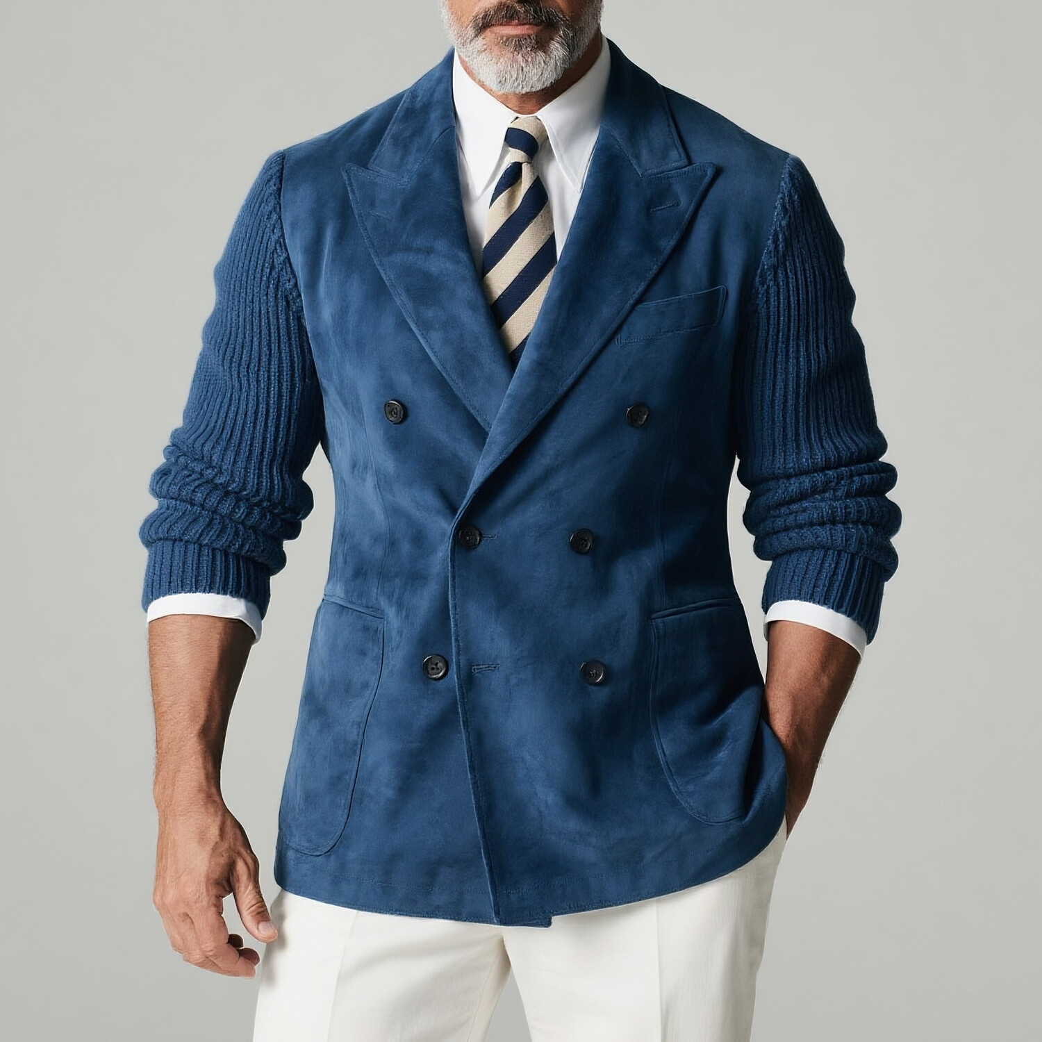 Men's Suede Peak Lapel Knitted Long Sleeve Double Breasted Blazer