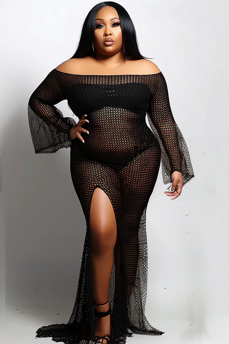 Xpluswear Design Plus Size Party Black Off The Shoulder Flare Long Sleeve See Through Cut Out Maxi Dresses [Pre-Order]