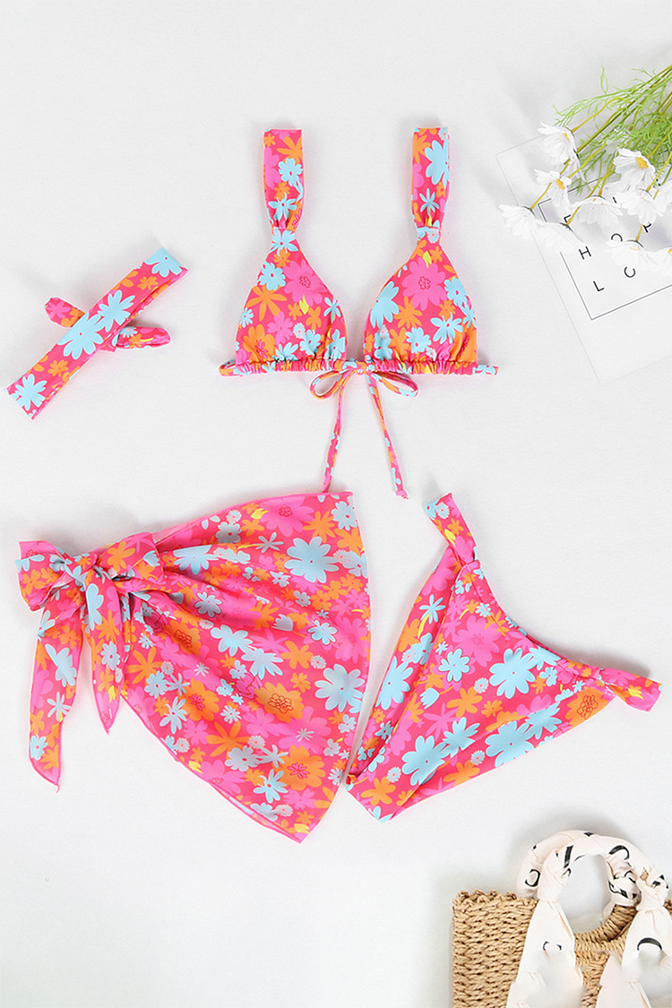 Floral Print Wide Straps Bra Tie Up Mini Skirt Bikini Four-Piece Set-Yellow