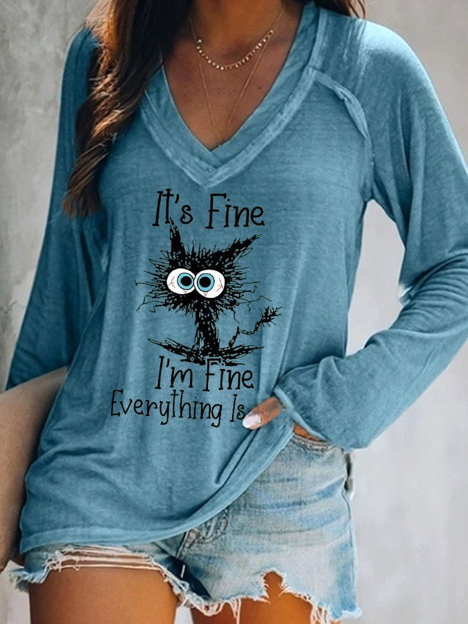 Women's It's Fine I'm Fine V-Neck Faith Letter Print T-shirt