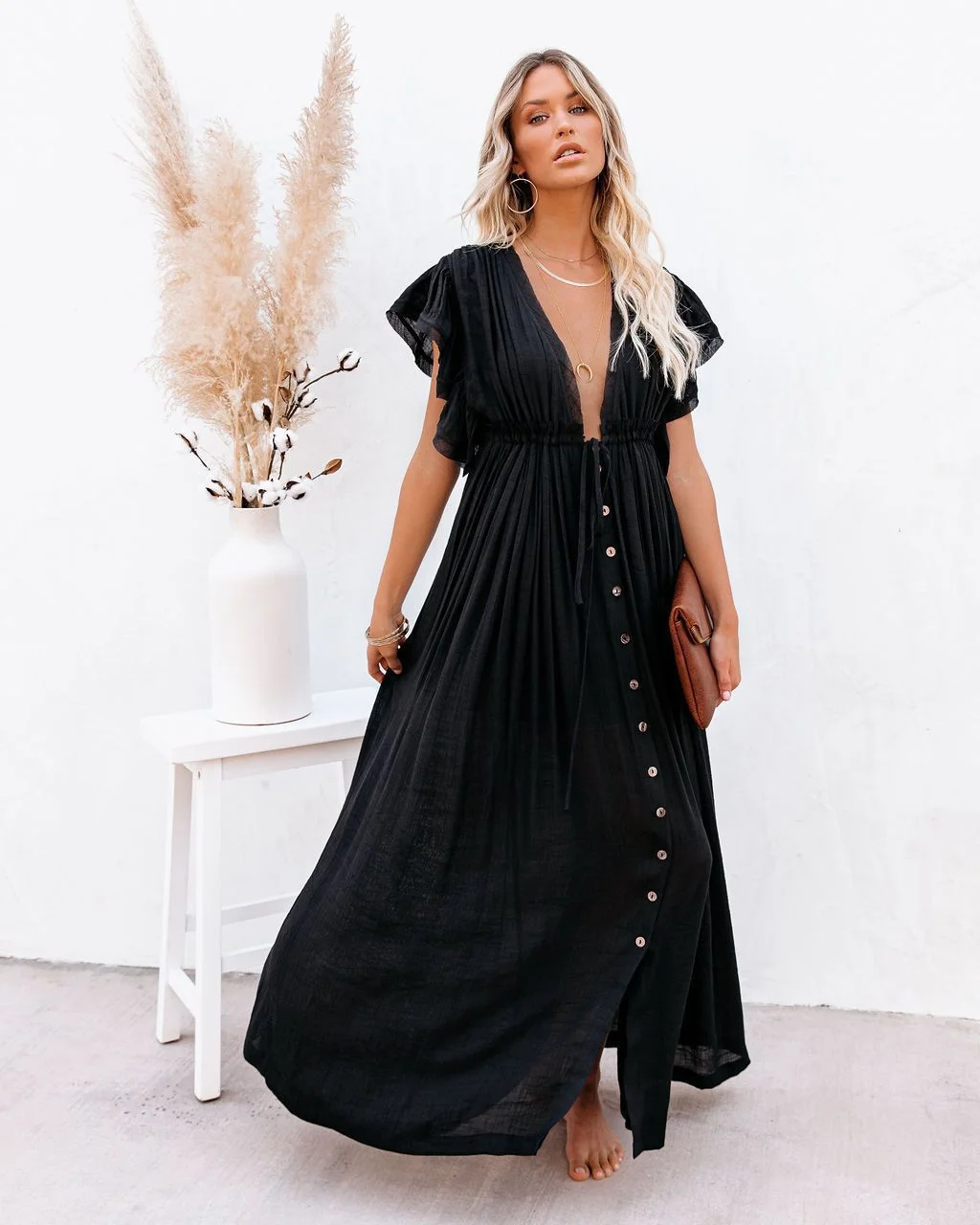 Brownm Summer Sun Protective Double-breasted Drawstring Dress Dresses