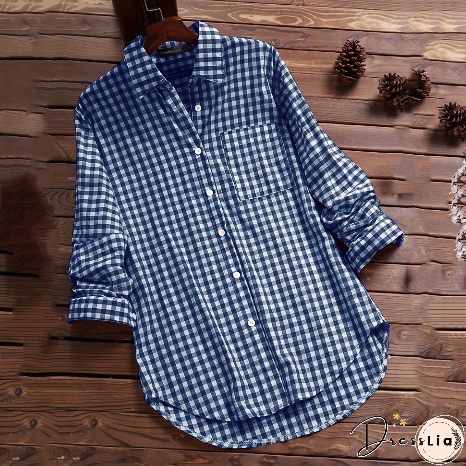 Women's Cotton Plaid Lapel Long-sleeved Retro Shirt Blouses