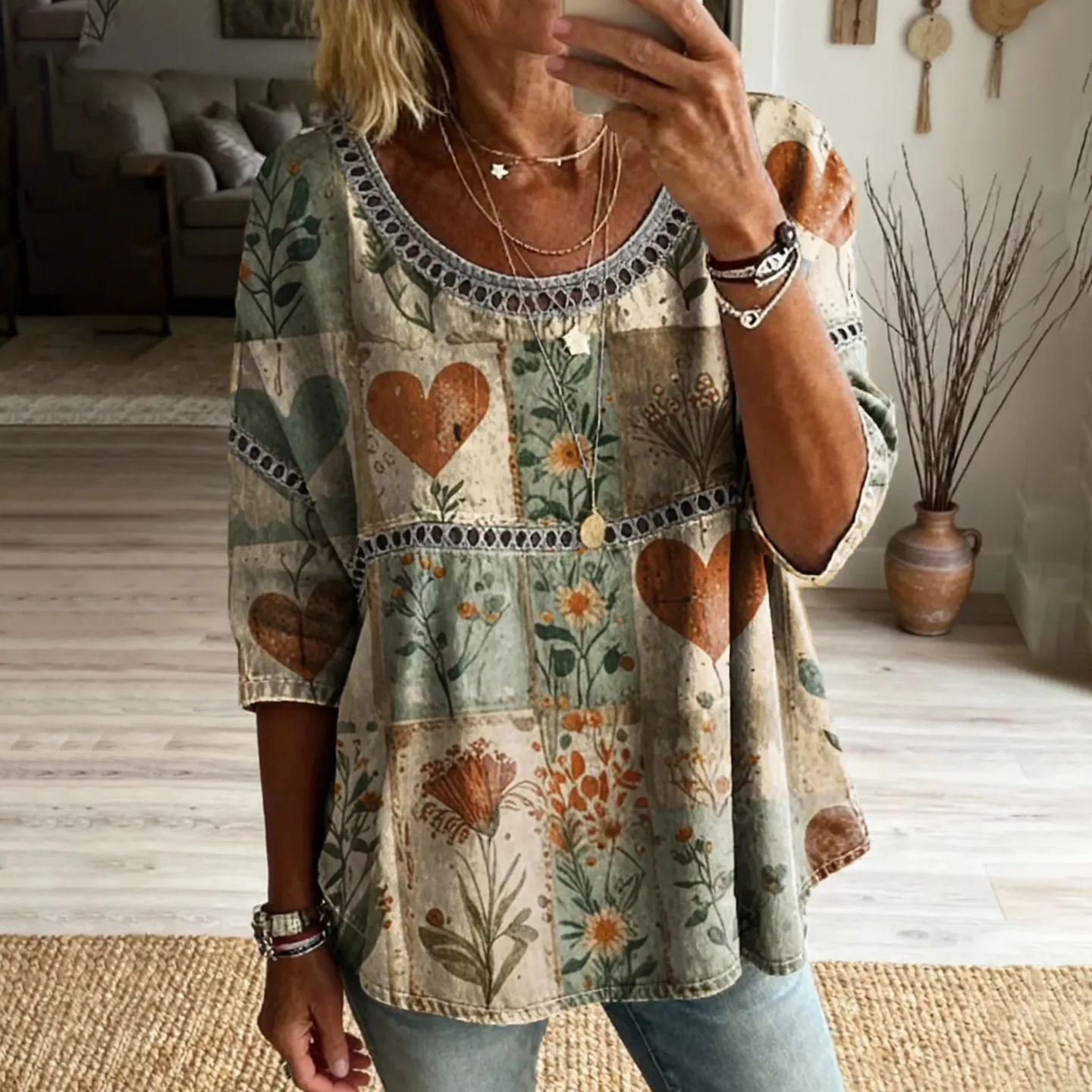 Comstylish Women's Flowers Love Pattern Art Print Casual Lace-up Top