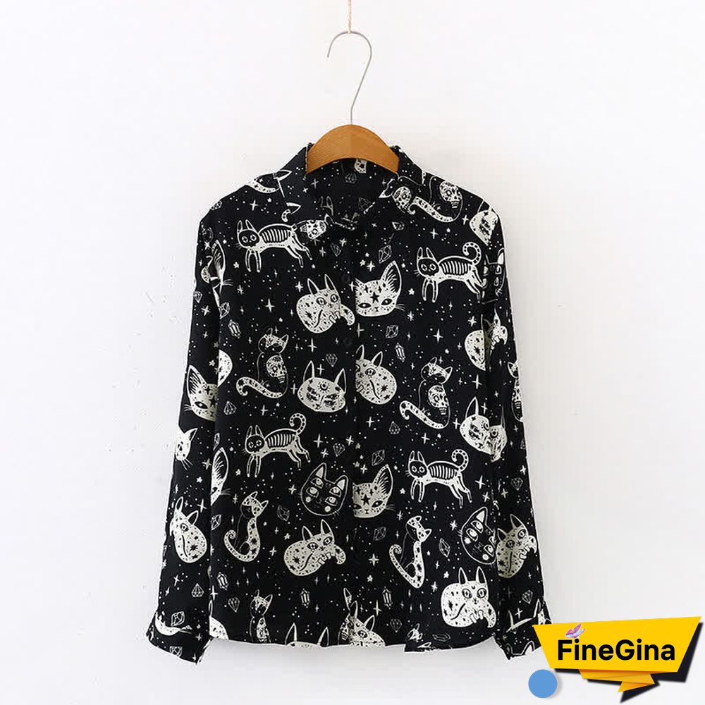 Kitty Print Long Sleeve Lapel Chiffon Shirt