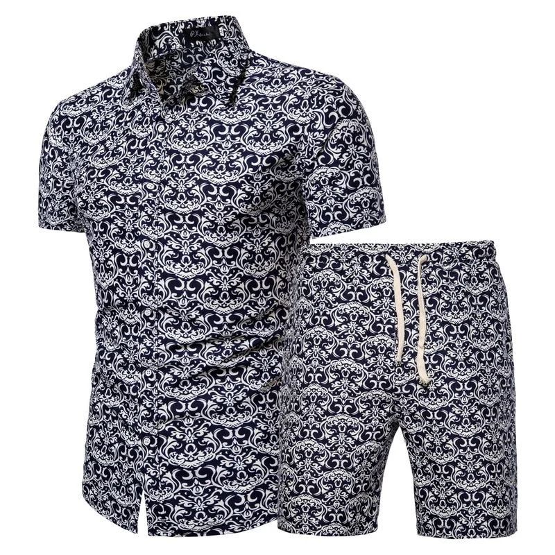 Personality Summer New Men's Clothing Short-sleeved Printed Shirts Shorts 2 Piece Fashion Male Casual Beach Wear Clothes