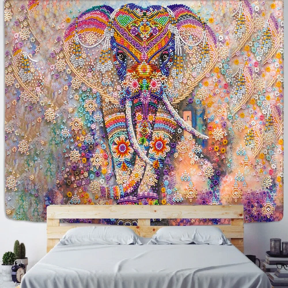 Colorful Pearl Elephant Tapestry 3D Mosaic Style Hippie Boho Wall Tapestries Mandala Fabric Mat Living Room Decor