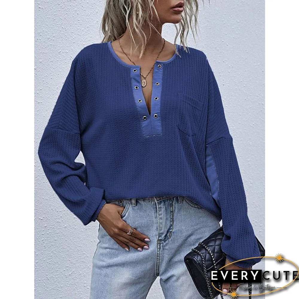 Navy Blue Waffle V Neckline Pocket Long Sleeve Tops