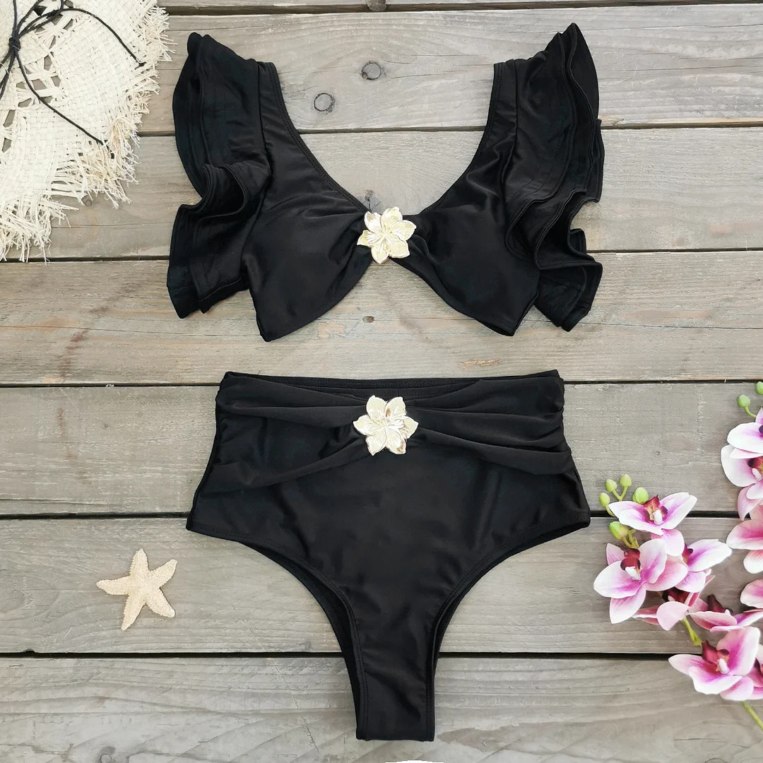 Brownm Solid-Color High-Waisted Bikini 2025 New Split Swimsuit Female Lotus Edge Bikini Export Swimsuit