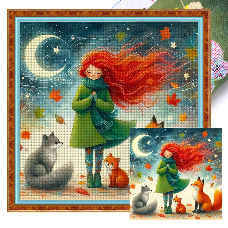 Fantasy Starry Sky Girl And Fox (50*50cm) 11CT Stamped Cross Stitch gbfke