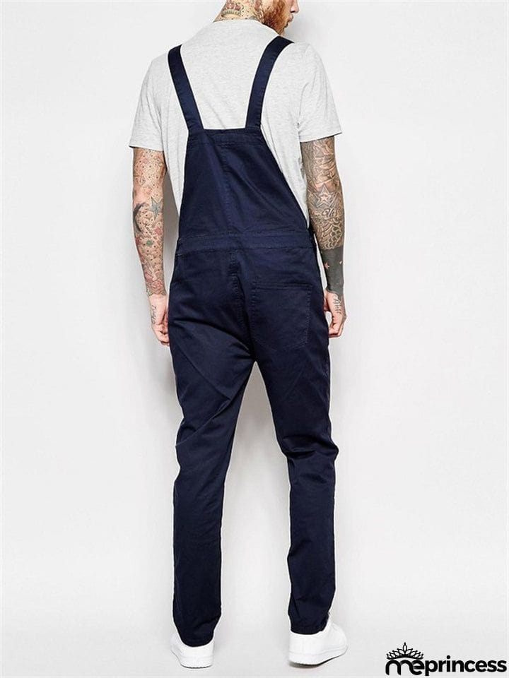 Men's Slim Trendy Solid Color Denim Overalls Jumpsuits