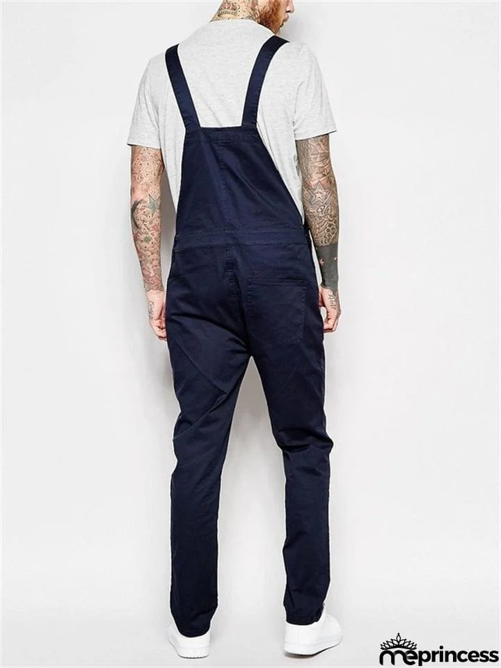 Men's Slim Trendy Solid Color Denim Overalls Jumpsuits