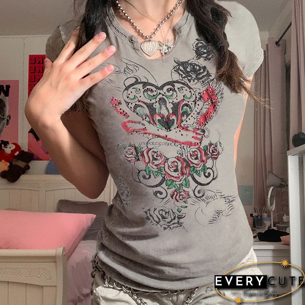 Contrasting Rose Element Sexy Small V-Neck T-Shirt