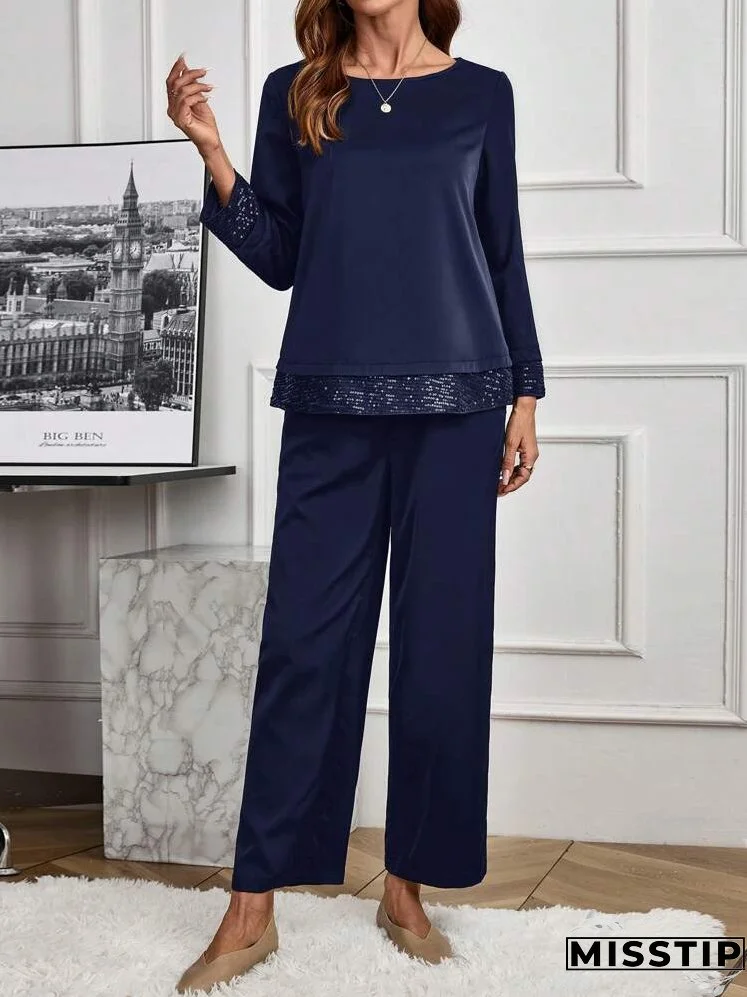 2pcs/Set Women Casual Solid Color Sequin Splice Long Sleeve Top And Pants Set, Autumn