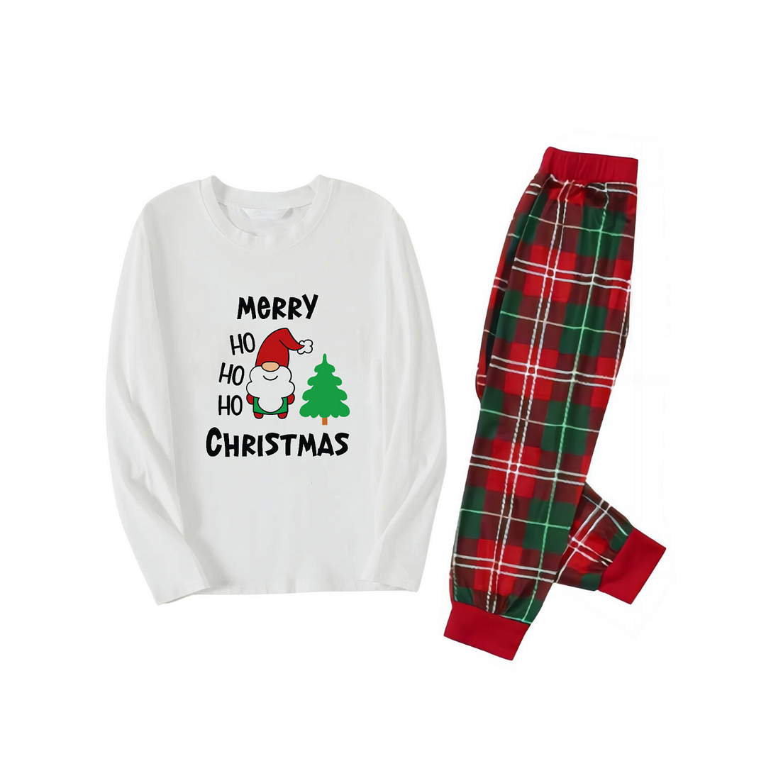 "HO HO HO Merry Christmas" 2024 White Long Sleeve Top with Red & Green Plaid Couple Matching Pajamas