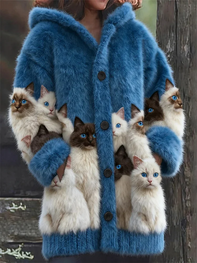 Women's Flannel Cats Print Coats
