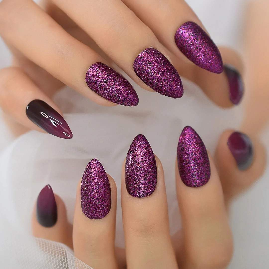 Stair Purple Gradient Original Design Black Edge Medium-Short Sharp Almond Shape Light To Dark Gels Nails Art Flase Fingernails-Nail Inspo