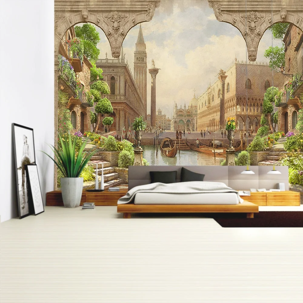 Balcony City Castle Hill Green Plant Landscape Printing Tapestry Cheap Hippie Wall Hanging Bohemian Wall Tapestries