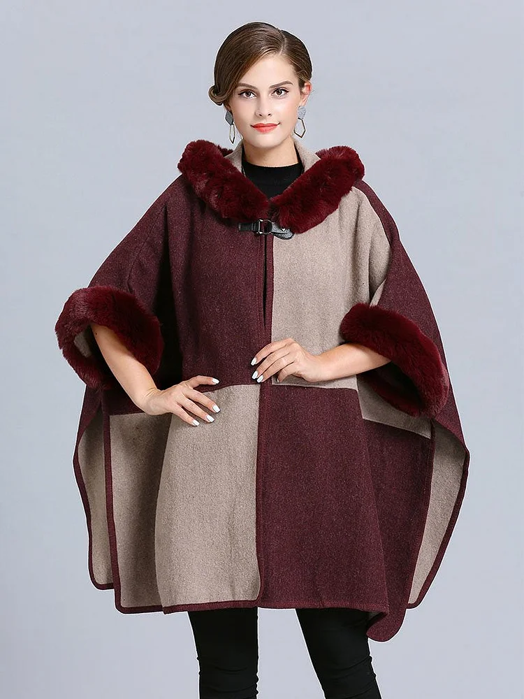 Women's Poncho Cape Faux Fur Hooded Plaid Cape Coat