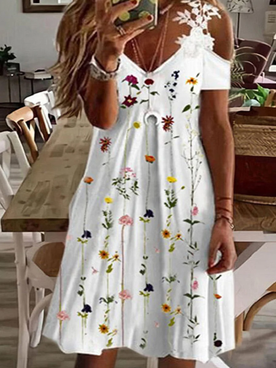 Printed V-Neck Lace Off-the-Shoulder Dress