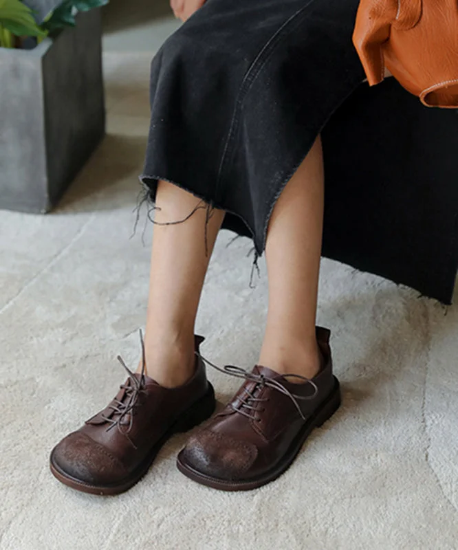 Retro Splicing Flat Shoes For Women Lace Up Coffee Cowhide Leather Flat Shoes