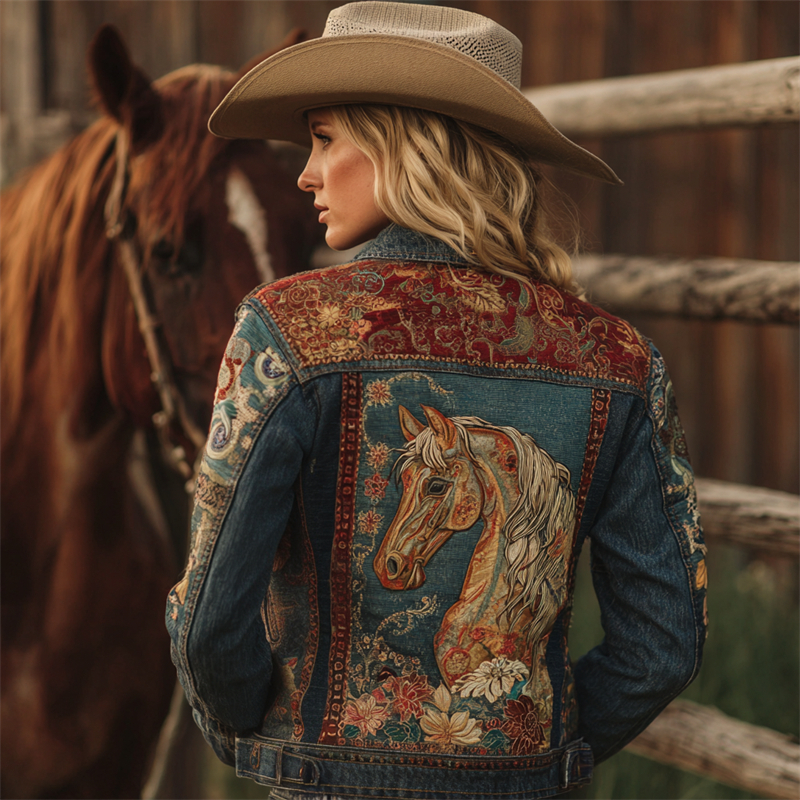 Comstylish Western Horse Floral Embroidered Patchwork Denim Jacket