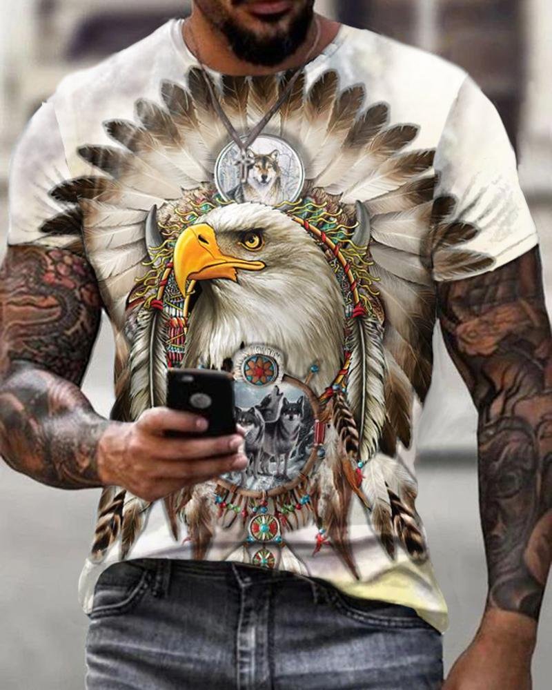 Men's Casual Eagle & Aboriginal Short-sleeved T-shirt