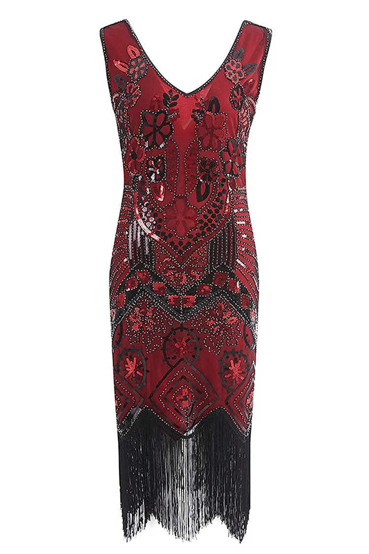 1920s Red Vitality Retro Fringe Hand Made Sequin Sleeveless Midi Dress