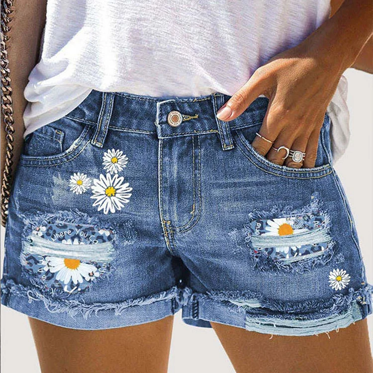Floral Printed Cuffed Ripped Denim Shorts