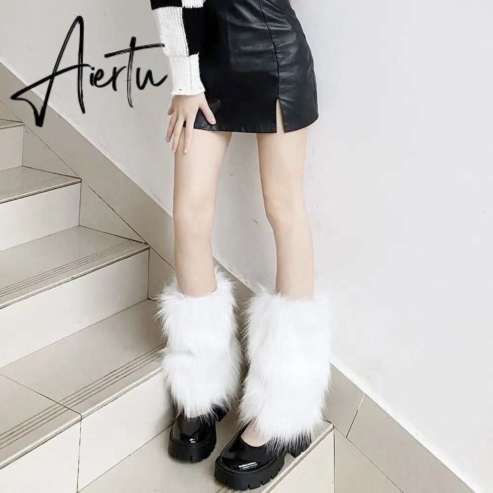 Aiertu Furry Leg Warmers Y2K Goth White Faux Fur Leg Warmers Boot Covers Lady Cute Jk Knee-length Hipster Warm Sock Fashion Socks Aiertu