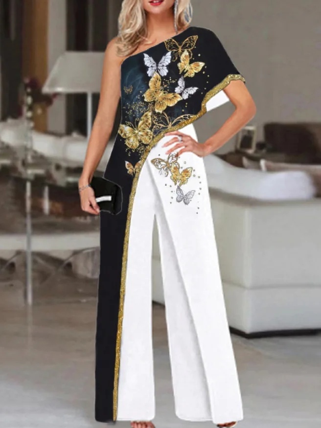 Color-Block Slimming Jumpsuit – Fashion Print One-Piece with Long Pants for Women