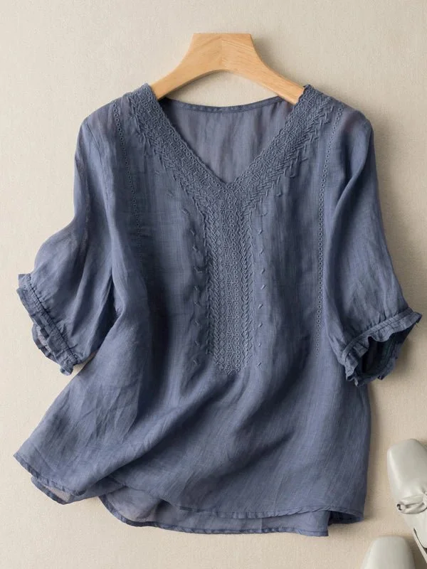 Solid Color V Neck Short Sleeve Casual Linen Top