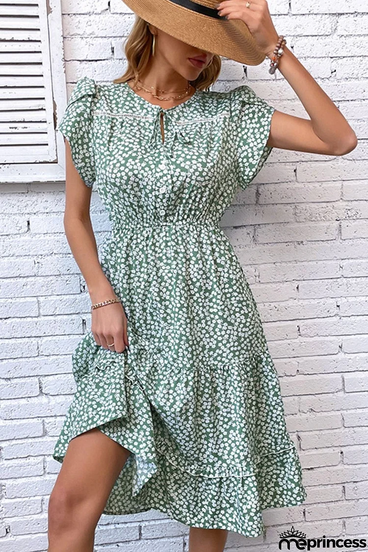 Floral Tie Neck Petal Sleeve Dress