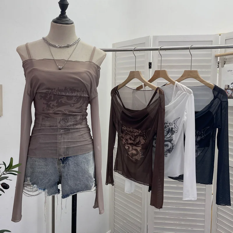 Churchf Real Shooting Spice Girls Shoulder Mesh Sun Hooded Sling Sling Long-Sleeved T-Shirt Top Two Sets Of Women 8862